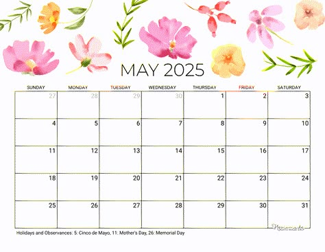 May Calendar 2025 Printable Mothers Day Landscape Cute Printable Calendar, Booking Calendar, December Printable, May Calendar, Desk Calendar Design, Work Clothes Ideas, Free Monthly Calendar, Plan Your Month, Free Printable Calendar Templates