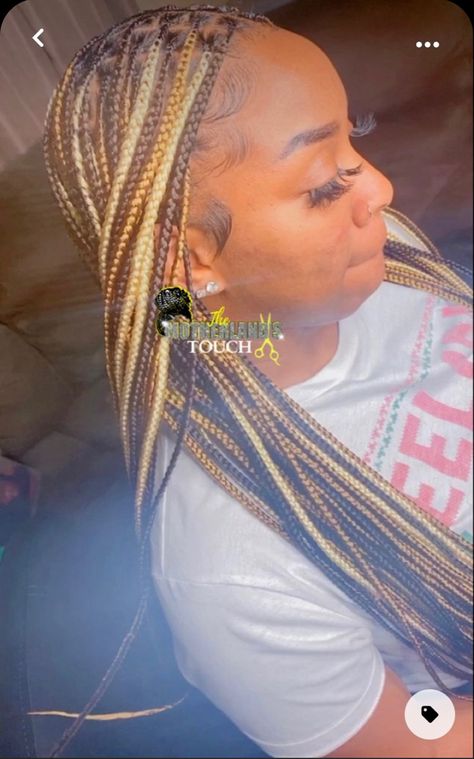 Multi Color Braids For Black Women, Tri Color Knotless Braids, Custom Color Knotless Braids, Multicolored Knotless Braids, Multi Colored Knotless Box Braids, 3 Color Knotless Braids, Blonde Black Knotless Braids, Knotless Braid Color Combos, Knotless Braids Skunk Stripe