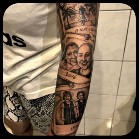 Made by Collage Polaroid Picture Tattoo Sleeve, Portrait Tattoo On Leg, Family Portrait Tattoo Ideas, Portrait Leg Sleeve Tattoo, Portrait Tattoo Placement, Portraits Tattoo Ideas, Memorial Portrait Tattoo, Chest Tattoo Sketches, P Tattoos