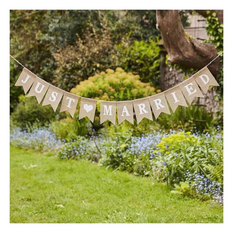 This Just Married Hessian Wedding Bunting is certain to set the scene for your most special celebrations! Add a charming, rustic flourish to your dÃcor with this classic message on your big day.The romantic bunting is easy to hang and will be perfect for sprucing up your wedding reception. Match with coordinating hessian details and other natural textures for dÃcor that ties together beautifully. The pennants spell out âJust Marriedâ with a romantic heart in the middle. Length: 2.2mHessian penna Wedding Bunting Ideas, Boho Bunting, Hessian Wedding, Hessian Bunting, Just Married Car, Wedding Bunting, Beige Wedding, Romantic Heart, Wedding Venue Decorations