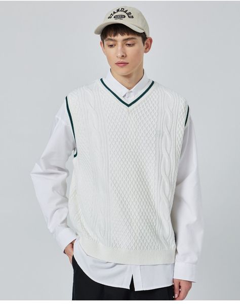 Designer fashion, Seoul-fully created | W Concept White Vest Mens Outfit, White Vest Outfit Men, Knitted Vest Outfit Men, Knitted Vest Outfit, Vest Outfits Men, Knit Vest Outfit, Guys Fashion Casual, Sweater Vest Outfit, Guys Fashion