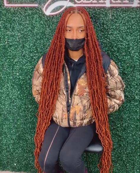 #ginger #fauxlocs #blackgirlgingerhair Locs Hairstyles For Women Ginger, Soft Locs Ginger Color, Soft Locs Orange, Burnt Orange Soft Locs, Ginger Faux Locs With Curls, Orange Faux Locs Black Women, Ginger Softlocs, Ginger Fox Locs, Copper Braided Ponytail