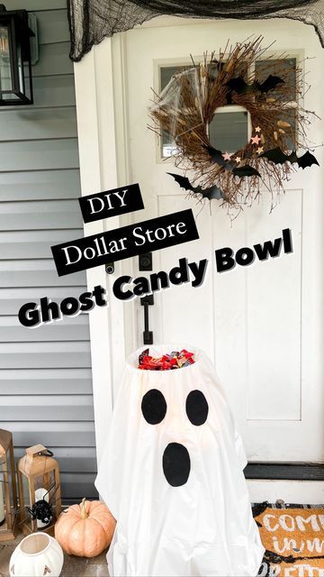 Diy Standing Halloween Candy Bowl, Halloween Candy Outside Ideas, Fun Ways To Hand Out Halloween Candy, Trick Or Treat Bowl Ideas, Halloween Candy Table Ideas Outside, Halloween Front Porch Candy Bowl, Dollar Tree Halloween Candy Bowl Diy, Handing Out Candy Halloween, Diy Halloween Candy Bowl Stand