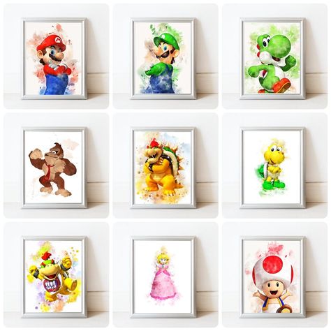 PRINTS ONLY, FRAMES NOT INCLUDED Super Mario brothers wall art prints, 4 design to choose from. The perfect addition to a gaming theme room. Printed using high quality fade resistant inks our prints also make a great gift idea. A2,A3, A4, A5 printed on glossy photo paper 230gsm giving the prints a pop of colour 8 x 10 inches printed on matte card 250gsm giving the prints a more duller look Buy 2 get 1 free, add each item to basket and checkout Any questions pop us a message we are always here to Mario Brothers Room, Arlo Bed, Super Mario Bedroom Ideas, Mario Themed Bedroom, Super Mario Bedroom, Mario Nursery, Mario Wall Art, Mario Bedroom, Super Mario Room