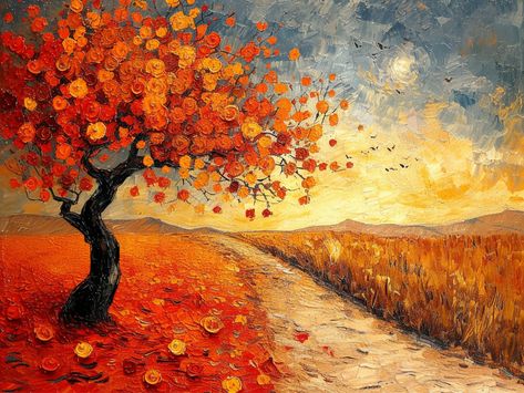 Golden Field, Van Gogh Inspired, Inspired Painting, Field Landscape, Autumn Sunset, Colors And Emotions, Digital Screen, Wall Art Design, Red Tree