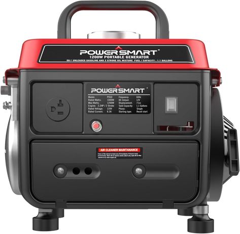 PRICES MAY VARY. 1200Peak Watts, 900 Running Watts portable generator. The 71cc 2-stroke engine includes a single-cylinder forced air cooling system, easy to recoil start. Equipped with one 120V 20A 5-20R household outlet and one 12V DC plug, the small generator is perfect for powering tools and other smaller appliances, 12v battery charging ready. Porrtable Generator for camping with small handle and super quilet, ultral light, comact design, suitable for outdoor camping Weight of 37.8 lbs and Gas Powered Generator, Small Generators, Air Cooling System, Dual Fuel Generator, Generator House, Portable Generator, Gas Generator, Power Generator, Solar Generator