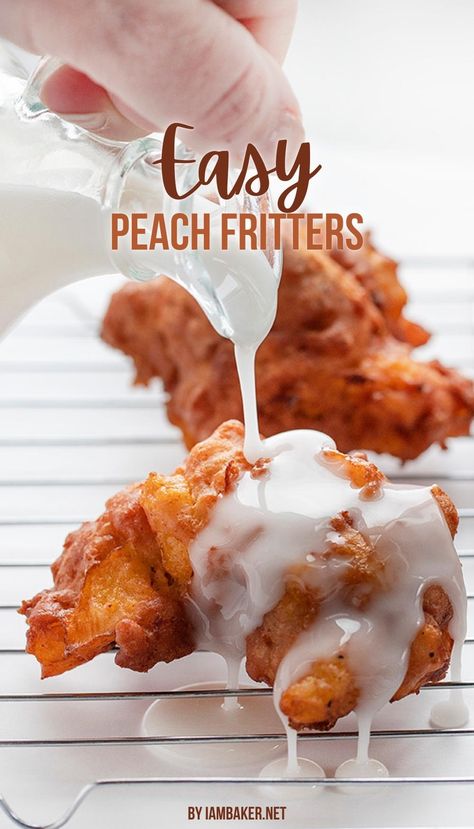 Peach Fritter on a wire rack with glaze being poured over the top. Peach Fritters Recipes, Peach Fritters With Canned Peaches, Oven Baked Peach Fritters, Blueberry Fritters Recipe, Air Fryer Peach Fritters, Peach Fritters, Just Peachy Peach Muffins, Glazed Vegetables, Easy Impressive Dessert