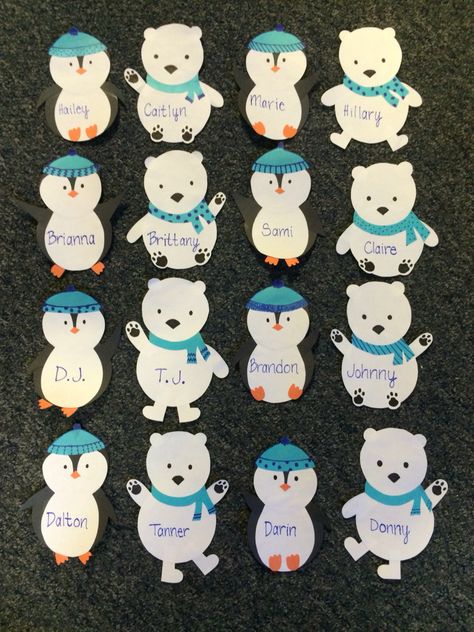 Polar bear & penguin winter door decs Winter Cubby Tags Preschool, Winter Name Tags For Cubbies, Daycare Cubbies Name Tags, Penguin Name Tags, Ra Christmas Door Decs, Christmas Cubby Tags, Polar Bear Classroom Door, Winter Door Tags, Winter Door Decs Ra