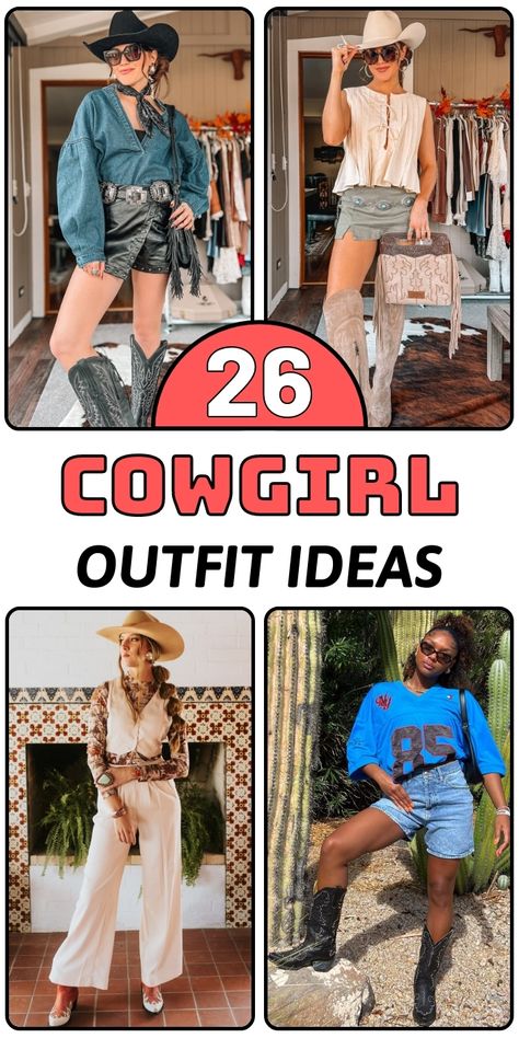 Saddle up for a stylish adventure through modern cowgirl fashion! This comprehensive guide brings you 26 fresh ways to blend Western charm with contemporary trends. Whether you're heading to a country music festival, ranch wedding, or casual weekend outing, we'll show you how to create eye-catching looks that combine classic cowgirl elements with current fashion sensibilities. From minimalist white-on-white ensembles to bold statement pieces, discover outfit ideas that incorporate essential Western elements like boots, hats, and denim while maintaining a modern edge. Cowboy Look For Women, Western Outfits Women Party, Modern Cowgirl Outfits, Cowgirl Outfit Ideas, Western Elements, Shorts And Cowboy Boots, Cowgirl Outfits For Women, Classic Cowgirl, Chic Cowgirl