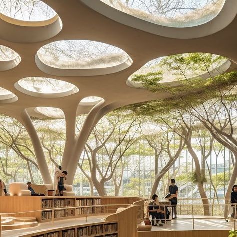 Open Library Architecture, Amazing Library Design, Light Weight Architecture, Inspiration From Nature In Architecture, Garden Library Architecture, Natural Library Design, Library In Nature, Library Courtyard Design, Library Architecture Design Concept