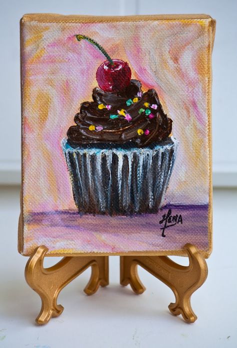 Small Painting Canvas, Acrylic Mini Painting, Cupcake Painting, Mini Toile, Handmade Food, Mini Easel, Cupcake Art, Food Painting, Painted Cakes