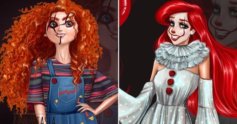 Artist Reimagines Disney Princesses as Horror Movie Villains | POPSUGAR Smart Living Disney Pop Art Cartoon Characters, Scary Disney Princess, Bad Disney Princess Dark Side, Dark Disney Art Twisted Princesses, Gothic Disney Princesses, Anastasia Kosyanova, Horror Disney, Dark Disney Tattoo, Horror Movie Villains