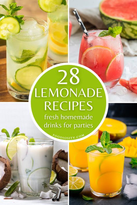 Refresh your taste buds and wow your guests with our collection of 28 homemade lemonade recipes, perfect for any party! From classic sweet lemonade to creative twists like lavender-infused or spicy ginger lemonade, these fresh drinks are sure to keep everyone cool and satisfied. Click to discover how easy it is to mix up a batch of vibrant, flavorful lemonade that will make your gatherings a hit! Fancy Lemonade Drink Recipes, Flavoured Lemonade, Gourmet Lemonade, Drinks For Parties, Beverage Trailer, Classic Lemonade Recipe, Lemonade Flavors, Watermelon Mint Lemonade, Pink Lemonade Recipes