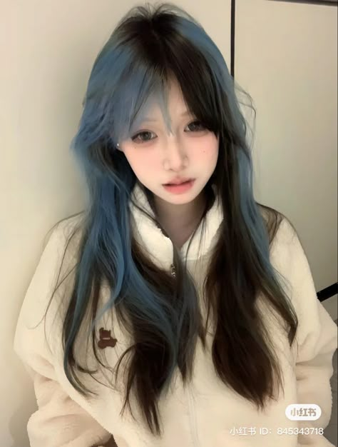 Blue On Brown Hair, Wolfcut With Blue Highlights, Dark Blue Hair With Light Blue Streaks, Blue Hair Gradient, Blue Gradient Hair Color, Korean Midnight Blue Hair, Blue Hair With Bangs Long, Two Color Hair, Gradient Hair