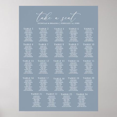 Minimal Dusty Blue Wedding 24 Table Seating Chart Summer Party - wedding seating charts, wedding table plan, reception seating posters, modern elegant, simple minimalist, boho chic rustic, botanical greenery, please find your seat, dusty blue wedding, spring summer winter fall Guest Seating Chart, Seating Chart Sign, Table Seating Chart, Table Assignments, Dusty Blue Wedding, Reception Seating, Wedding Table Plan, Seating Plan Wedding, Dusty Blue Weddings