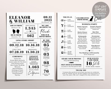 "Editable Infographic Wedding Program Template THIS IS A TEMPLATE WHICH YOU CAN EDIT ON YOUR BROWSER- NO PHYSICAL PRODUCT WILL BE SHIPPED ❤️ EDITABLE TEMPLATE - 5x7\" size included - Edit immediately right from your browser - Personalize most text, fonts, & colors - Change size, placement, or delete elements completely - Upload your own logo or image ------------------------------------ ⭐️➡️ TRY THIS TEMPLATE BEFORE BUYING ⬅️⭐️ Copy + Paste this DEMO link into your browser: https://templett.com/ Wedding Program Infographic, Ceremony Order Of Events, Aussie Wedding, Hospitality Bags, Ceremony Order, Wedding Info Card, Itinerary Wedding, Wedding Infographic, Order Of Events