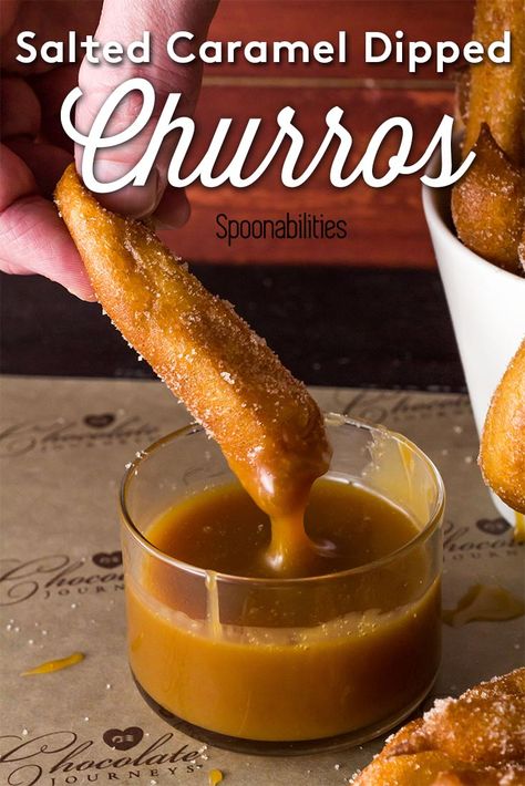 Churros Dipped in Salted Caramel Sauce Spanish Hot Chocolate, Spanish Snacks, Caramel Dipping Sauce, Churros Recipe, Butter Caramel, Caramel Dip, Caramel Recipes Sauce, Dipping Sauces Recipes, Salted Caramel Sauce