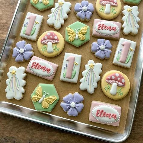 Emily Perkins (@thecookiedesigner) • Instagram photos and videos Fairy Birthday Party Cookies, Fairy Party Cookies, Fairy First Birthday Party Cookies, Fairy Theme Cookies, Woodland Fairy Cookies, Fairy First Birthday Cookies, Fairy Sugar Cookies Decorated, Fairy Birthday Cookies Decorated, First Birthday Cookies