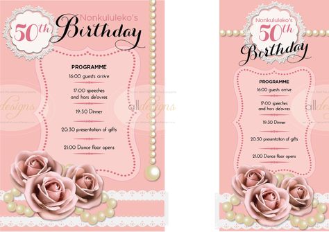 Party programmes as A5 or DL options for a woman's 50th Birthday party to match the cake. Party Program Template, Birthday Party Program, Party Agenda, 60th Birthday Invitations, Birthday Dinner, Birthday Template, 20th Birthday, 21st Gifts, Program Template