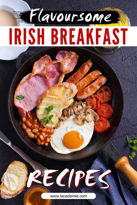 A hearty Irish breakfast includes eggs, sausages, bacon, black and white pudding, mushrooms, tomatoes, and brown soda bread. It's a filling and comforting meal perfect for lazy weekend mornings. Healthy Irish Dinner Recipes, Irish Breakfast Recipes, Irish Receipies, Authentic Irish Recipes, Black And White Pudding, Keiss Castle, Full Irish Breakfast Traditional, Potato Farls, Vegan Full Irish Breakfast