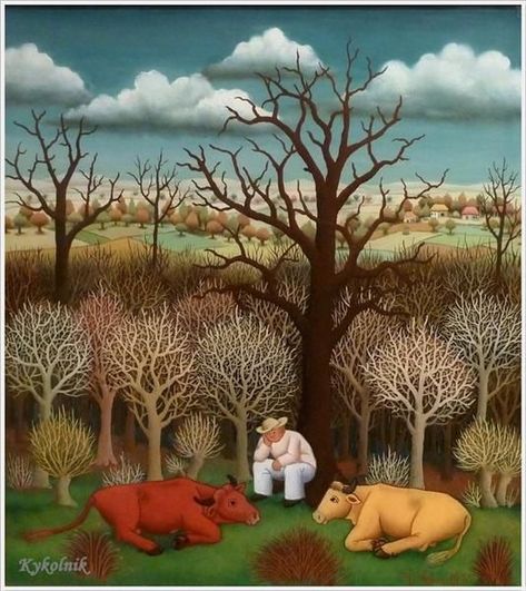 IVAN GENERALIĆ | Croatian | Hlebine, Croatia 1914 - Koprivnica 1992 | Naïve Art. #croatianart #croatianartist WATCHING OVER TWO COWS 1970 Two Cows, Deer Wedding, Naïve Artist, Naive Painting, Art Rules, Naive Art, Zagreb, Winter Landscape, Animal Paintings