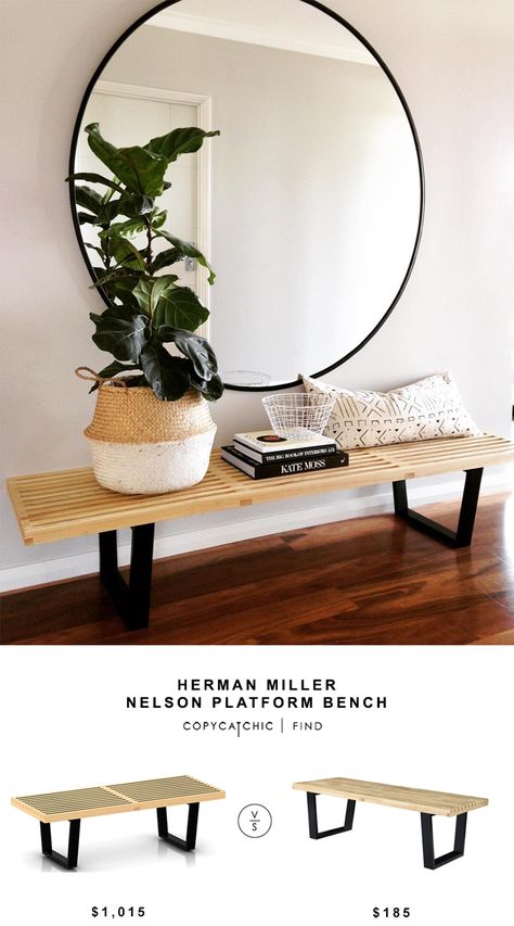 Here are some updated sources for the iconic Nelson bench!   HERMAN MILLER NELSON PLATFORM BENCH | $1,015 GEORGE NELSON STYLE BENCH | $185 image via @Megtimjakebay  See all of our looks for less on Pi Nelson Platform Bench, Platform Bench, Diy Home Decor For Apartments, Farmhouse Side Table, Cute Dorm Rooms, George Nelson, Herman Miller, Interaction Design, Round Mirror