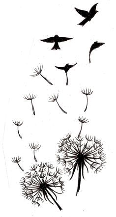 Dandelion with crows Dandelion Bird Tattoos, Bird Silhouette Tattoos, Dandelion Tattoo Design, Vogel Tattoo, Tattoo Bird, Tattoo Shoulder, Dandelion Tattoo, Tattoo Zeichnungen, Muster Tattoos