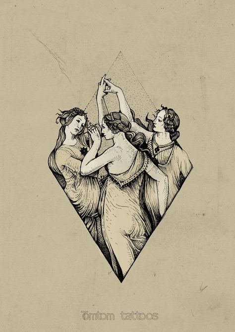 просто хз Three Part Tattoos, 3 Graces, Three Muses Tattoo, 3 Graces Tattoo, The Three Graces Tattoo, Three Graces Illustration, Three Graces Drawing, Greek Muse Tattoo, Three Graces Tattoo