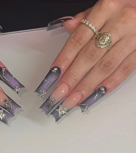 4th Nails, Coraline Aesthetic, Retro Nails, Goth Nails, Edgy Nails, Nails Aesthetic, Aesthetic Purple, Grunge Nails, Simple Acrylic Nails