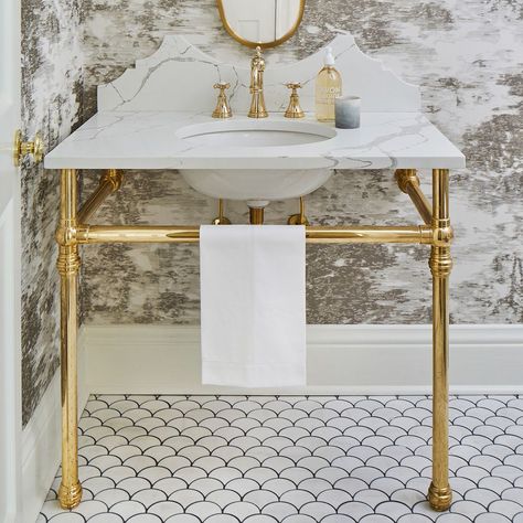 Palmer Industries on Instagram: “A classic Decorative Collar style vanity in un-lacquered polished brass by Scott & Heather Steen of Steenhaus Studio - Montgomery AL⁣⁣⁣⁣…” Maine Bedrooms, Palmer Industries, Sink Powder Room, Bistro Shelving, Brass Shelving, Glass Shelves Kitchen, Walnut Shelves, Closet Rods, Powder Room Decor