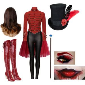 Demon Ring Master                                                                                                                                                                                 More Steampunk Circus Costume, Diy Ring Master Costume Women, Womens Ringmaster Costume, Diy Ringleader Costume Women, Diy Ringmaster Costume Women, Magician Costume Female, Ringmaster Costume Womens, Circus Master Costume, Ring Master Costume Womens