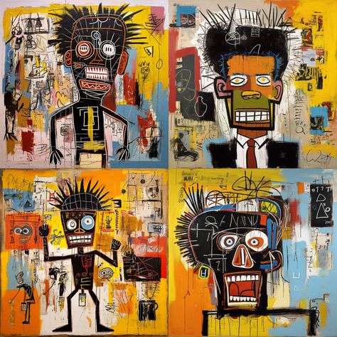 Jean-Michel Basquiat style in Midjourney AI (V5.1, V5, V4, niji 5) | Painters | American artist | Talented American street artist and graffiti-inspired neo-expressionist Jean-Michel Basquiat lived fast and died young, at only 27 (1960-1988). Basquiat created his work with whatever materials were at hand, including spray paint and acrylic paint, and found objects like doors and pieces of broken furniture. Basquiat's visual style is based on repetition, layering, and deconstruction of language... Jean-michel Basquiat Paintings, Jean Basquiat, Jonathan Meese, Jean Michel Basquiat Art, Basquiat Paintings, Pretty Ugly, Neo Expressionism, Art Movements, Master Artists