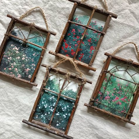 Small Craft Ideas, Handmade Art Ideas, Nature Crafts For Adults Diy, Guans Art, Window Art Ideas, Outside Diy, Fairy Garden Art, Small Decorations, Twig Crafts