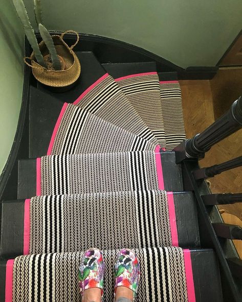 If you can’t find what you want, do a decor hack! For new followers, this is actually a hot pink stripe painted directly onto the wooden… | Instagram Stairs Runner Carpet, Black Stairs With Runner, Upstairs Carpet, Staircase Runners, Carpet For Stairs, Striped Stair Runner, Stairs Ideas, Stair Carpet, Hallway Designs