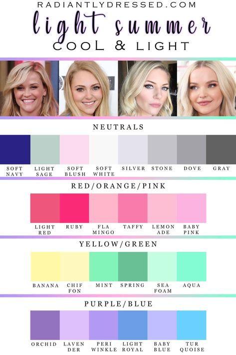 Cool Muted Light Summer, Light Summer Seasonal Color Analysis, Summer Light Personal Color, Sunlit Summer Color Palette Outfits, Color Palette Light Summer, Light Summer Color Analysis Outfits, Classic Summer Color Palette Outfits, Light Summer Pallette Outfits, Light Summer Color Palette Celebrities