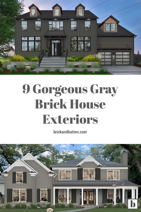 If you’re considering painting your brick home and need some inspiration, check out these gorgeous gray brick house exteriors. Gray Brick Exterior House Colors, Painting Brick House Gray, Grey Brick House With Black Trim, Painted Brick House With White Windows, Gray Painted Houses Exterior, Modern Painted Brick Exterior, Grey Siding And Brick House Exterior, Painted Brick House Exterior Gray, Gray And White Brick House Exterior