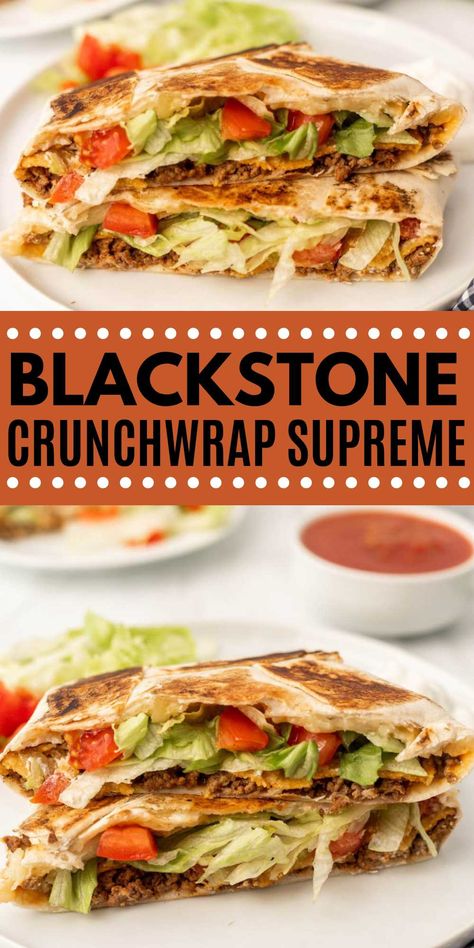 Blackstone Crunchwrap Supreme Recipe - grillonadime.com Blackstone Wraps, Black Stone Griddle Crunch Wrap, Blackstone Griddle Mexican Recipes, Crunch Wrap Supreme Recipe Blackstone, Crunch Wrap On Blackstone, Crunch Wrap Supreme Blackstone, Griddle Crunch Wrap, Supper On The Blackstone, Black Stone Supper Ideas