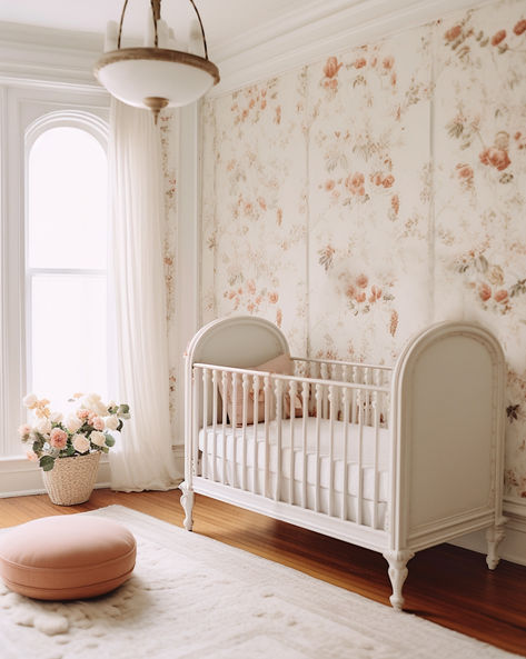 Charming AI created Floral Nursery Design Manifesting Sp, Southern Nursery, Parisian Nursery, French Nursery, Nursery Interior Design, Nursery Interior, Baby Girl Nursery Ideas, White Crib, Baby Nursery Inspiration