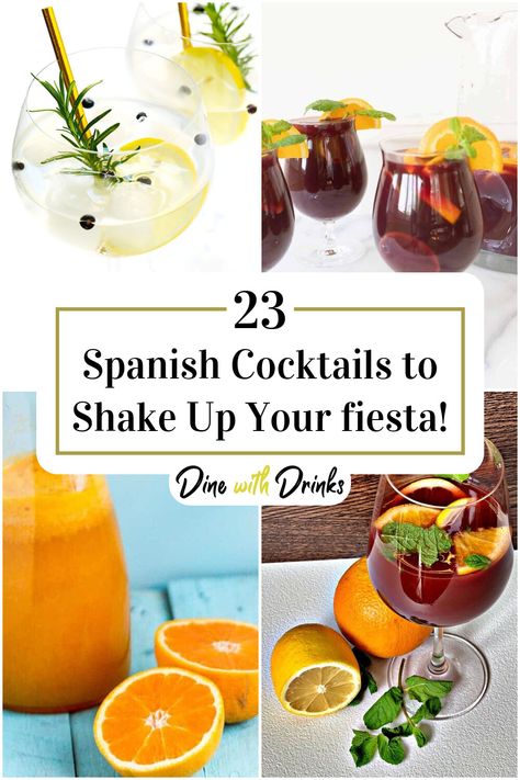 Collage of 4 spanish cocktails. Spanish Night Party, Spanish Drinks Non Alcoholic, Spanish Drinks Alcohol, Spanish Sangria Recipes, Spanish Red Sangria, Spanish Gin Tonic, Traditional Spanish Sangria Recipes, Cocktails From Spain, Spanish Drinks