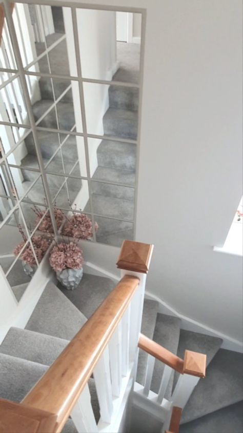 Stair Wall Ideas Decor, Stairs Walls Ideas, Mirrors On Stair Landing, Down Stairs Decor Ideas, Bottom Of Stairs Mirror, Mirror Stairs Landing, Stairs Ideas Decoration Stairways, Top Of Stairs Mirror, Next To Stairs Decor Spaces