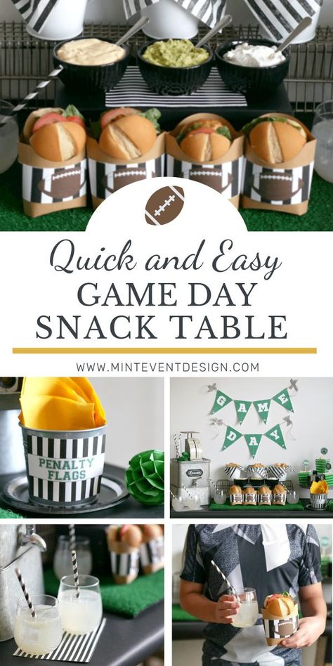 Celebrate the day of the Big Game with this cute and simple game day snack spread! Get all of the football-themed party snack, drink, and table decor ideas now at minteventdesign.com. Football Concession Stand Party Ideas, Football Birthday Food, Football Birthday Party Food, Michigan Football Party, Football Themed Drinks, Football Concession Stand, Football Party Treats, Cheers Theme, Football First Birthday