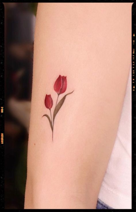 Red Tulip Tattoo Design, Red Tulips Tattoo, Red Tulip Tattoo, Tattoo Tulip, Tulip Tattoos, Between Breast Tattoo, Tiny Flower Tattoos, Tulip Tattoo, App Filter