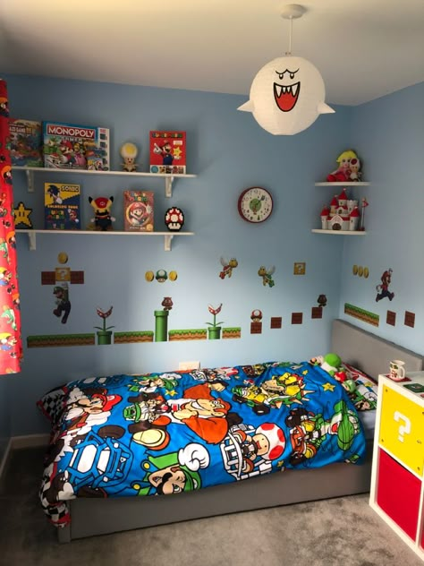 Mario Bedroom Ideas Boys, Mario Room Ideas Boys, Super Mario Bedroom, Mario Bedroom, Nintendo Room, Boys Space Bedroom, Super Mario Room, Mario Room, Boy Room Themes