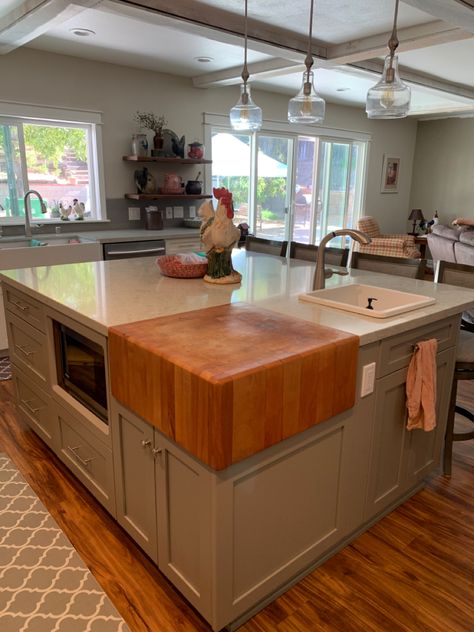 Partial Butcher Block Countertops, Kitchen Island With Butcher Block Insert, Kitchen Island With Butcher Block End, Wooden Butcher Block Island, Butcher Block Island With Stove, Large Kitchen Island With Butcher Block, Half Butcher Block Island, Cream Colored Kitchen Cabinets With Butcher Block Counters, Partial Butcher Block Island