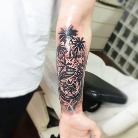 Compass And Palm Tree Tattoo, Compass Palm Tree Tattoo Design, Palm Tree Compass Tattoo, Arm Tattos, Eternal Tattoo, Palm Tattoo, Body Modification Piercings, Palm Tattoos, Men Tattoos Arm Sleeve