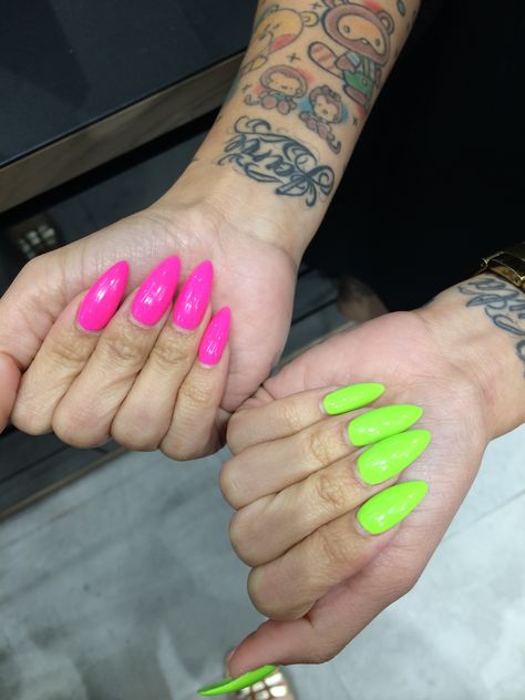 Neon hot pink and lime green almond nails. I love the idea of getting each hand a different color. Nails With Each Hand A Different Color, Acrylic Nails Two Different Color Nails On Each Hand, Different Nail Colours On Each Hand, Acrylic Nails Different Colors Each Hand, Green And Pink Neon Nails, Nails Each Hand Different Color, Nails Two Colors Each Hand, Each Hand Different Color Nails, Pink And Green Neon Nails