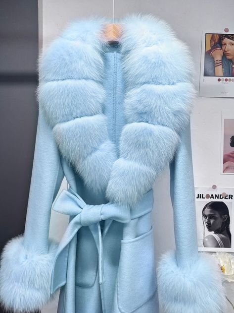 Petra Blue Fox Fur Trim Long Wool Wrap Coat for Women - Allara – ALLARA Blue Fur Coat, Fur Winter Coat, Wool Wrap Coat, Tie For Women, Fur Accessories, Wool Overcoat, Wool Wrap, Wrap Coat, Blue Coats