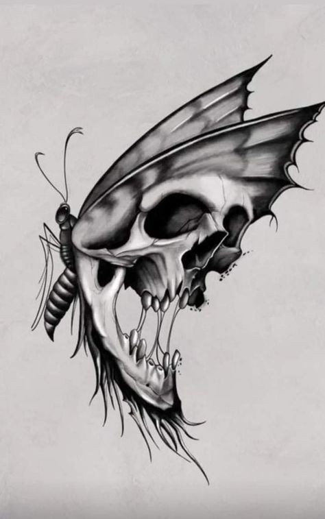 Butterflies And Skulls Tattoo Ideas, Skull In Butterfly Tattoo, Skull With Wings Drawing, Skull Guitar Drawing, Skeletal Butterfly Tattoo, Unique Skull Drawing, Skull Butterfly Drawing, Butterfly And Skull Tattoo, Cool Butterfly Drawing