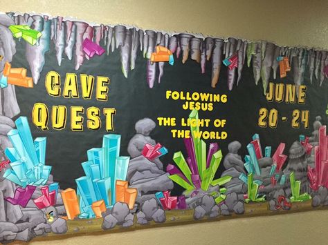 Promo bulletin board Cave Quest Vbs, Cave Quest, Camping Decorations, Birthday Board Classroom, Vbs 2023, Space Invader, Church Bulletin Boards, Teacher Birthday Gifts, Vbs Themes