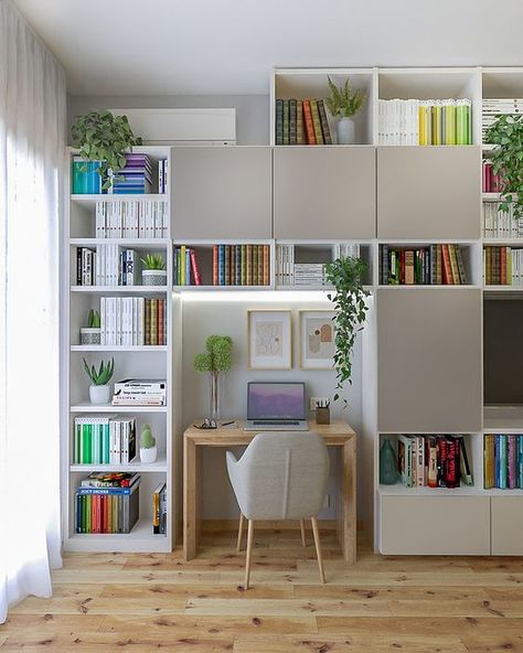 Home Study Rooms, Home Library Rooms, Bookshelves In Living Room, Home Library Design, Bookshelf Design, Study Room Decor, Home Office Setup, House Interior Decor, Home Library